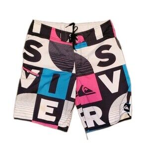 Y2K QUICKSILVER 32  Swim Trunk Neon Logo Mashup  Colorblock Bright Cargo Suit